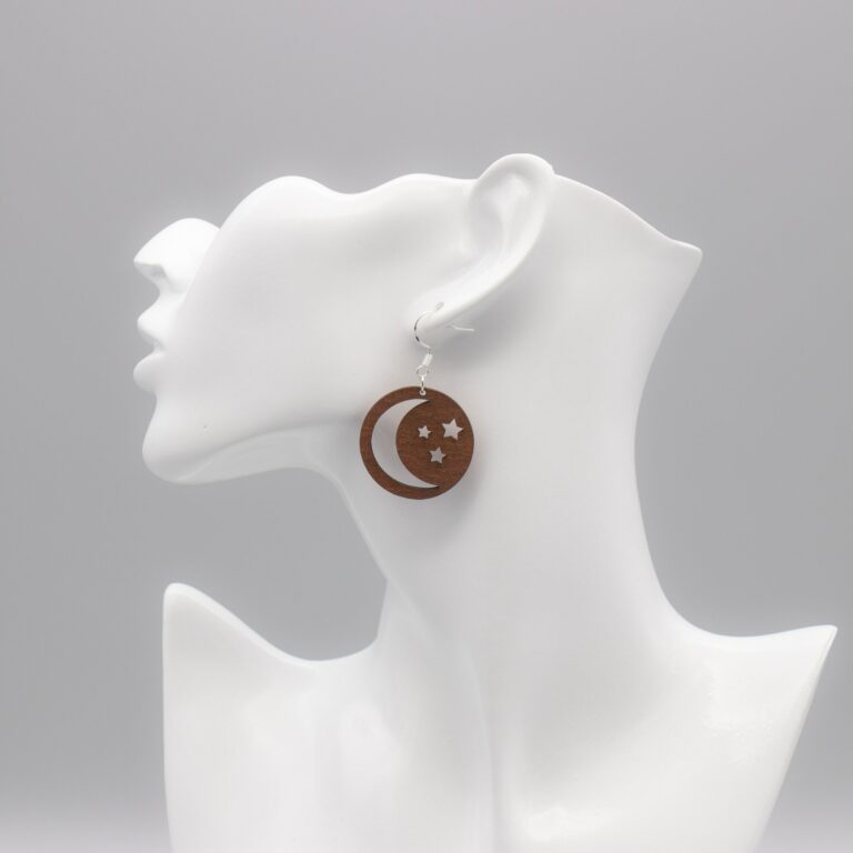 Elegante Holz Hängeohrringe Mond mit Sternen