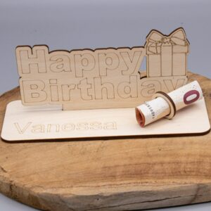 Geldgeschenk Happy Birthday – aus Holz personalisiert