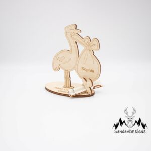 Geldgeschenk Storch – aus Holz personalisiert