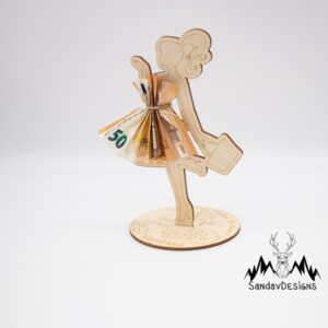 Geldgeschenk Shoppinggirl – aus Holz personalisiert