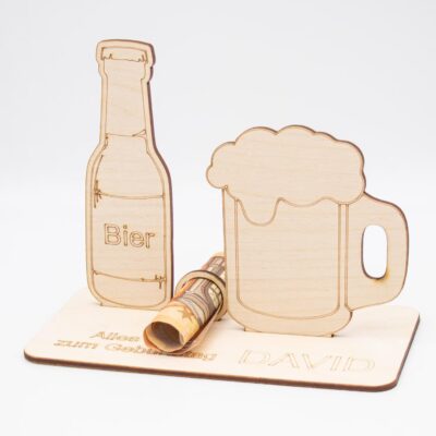 Geldgeschenk Bier - aus Holz personalisiert