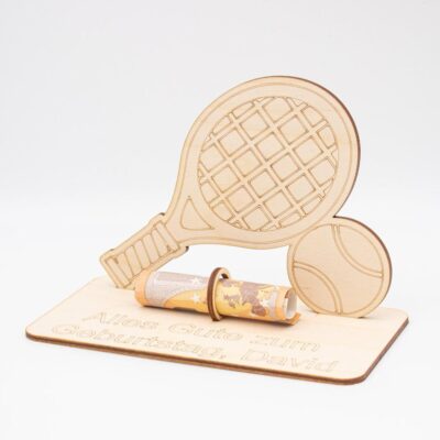 Geldgeschenk Tennis - aus Holz personalisiert