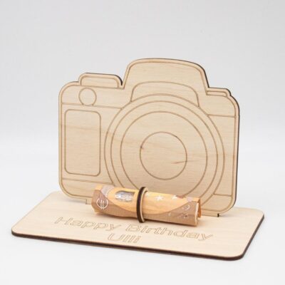Geldgeschenk Kamera - aus Holz personalisiert