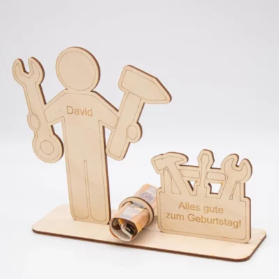 Geldgeschenk für Handwerker mit Werkzeugkasten - aus Holz personalisiert