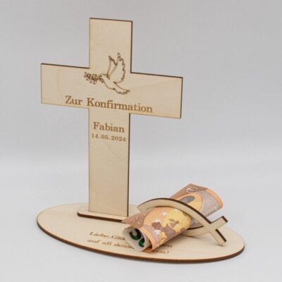 Geldgeschenk Konfirmation - Kreuz - aus Holz personalisiert
