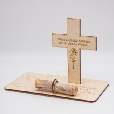 Geldgeschenk Taufe-Kreuz - aus Holz personalisiert