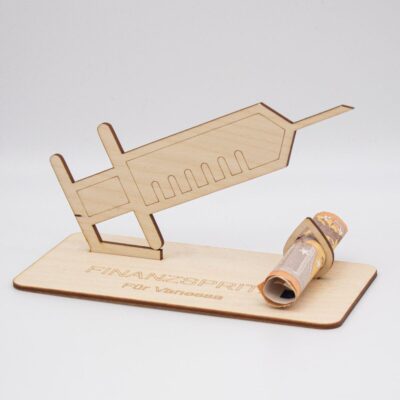 Geldgeschenk Finanzspritze - aus Holz personalisiert