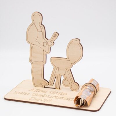 Geldgeschenk Grillen - aus Holz personalisiert