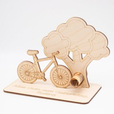 Geldgeschenk Fahrrad mit Baum - aus Holz personalisiert