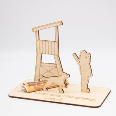 Geldgeschenk Jäger mit Hochsitz - aus Holz personalisiert