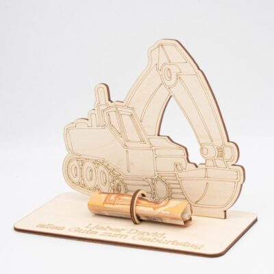 Geldgeschenk Bagger - aus Holz personalisiert