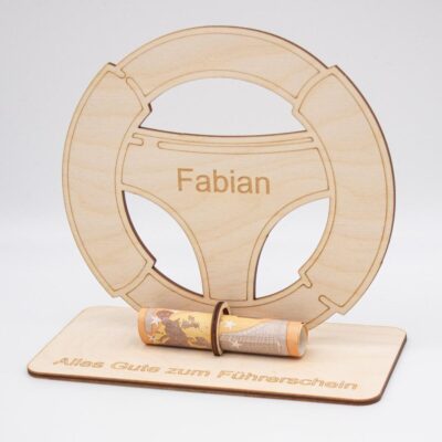 Geldgeschenk Lenkrad - Führerschein - aus Holz personalisiert