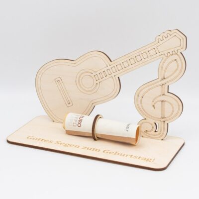 Geldgeschenk Gitarre mit Notenschlüssel - aus Holz personalisiert