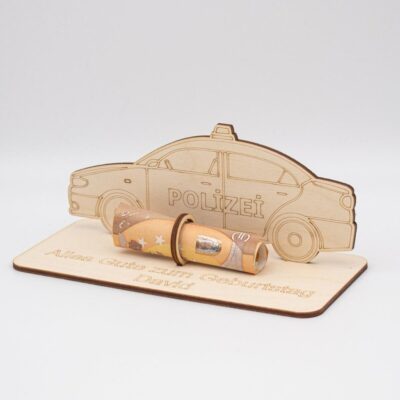 Geldgeschenk Polizeiauto - aus Holz personalisiert