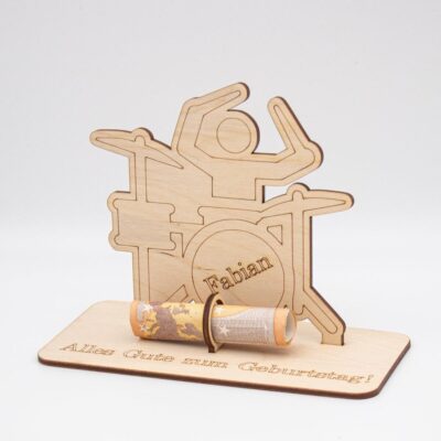 Geldgeschenk Schlagzeug - aus Holz personalisiert