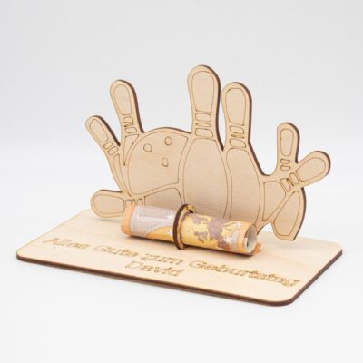 Geldgeschenk Bowling - aus Holz personalisiert