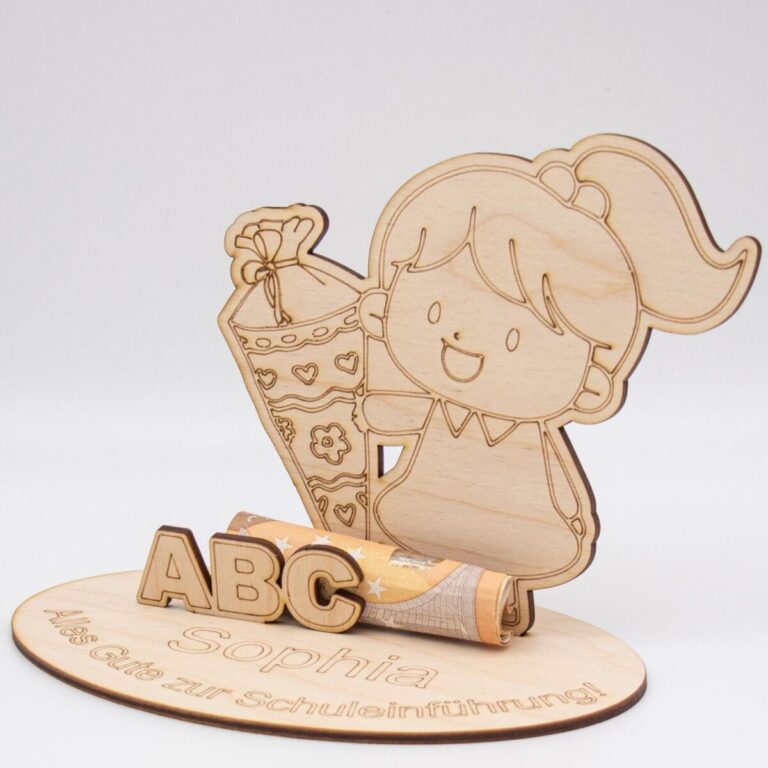 Geldgeschenk zum Schulanfang - Mädchen mit Zuckertüte - aus Holz personalisiert