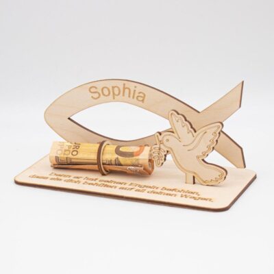 Geldgeschenk Taufe - Konfirmation,Kommunion - Tauffisch - aus Holz personalisiert