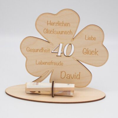 Geldgeschenk Kleeblatt - aus Holz personalisiert