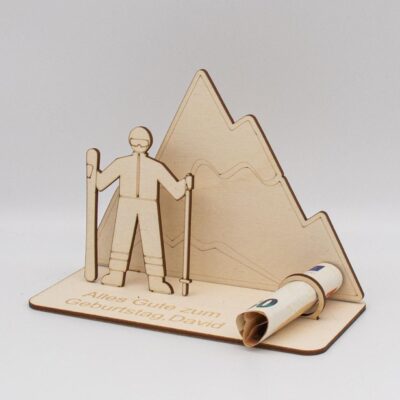 Geldgeschenk Skifahrer - aus Holz personalisiert