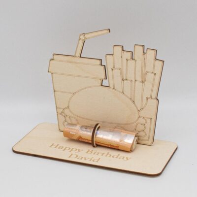 Geldgeschenk Fastfood - aus Holz personalisiert