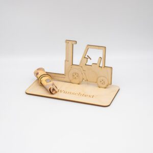 Geldgeschenk Gabelstabler – aus Holz personalisiert