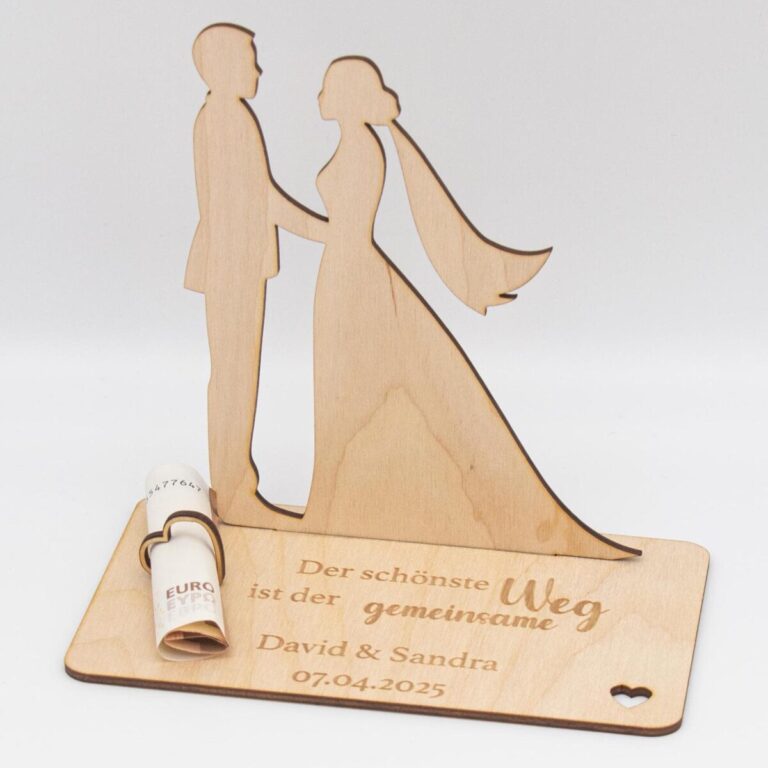 Geldgeschenk zur Hochzeit mit Brautpaar - aus Holz personalisiert