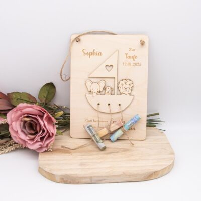 Holztafel mit Arche/Geld schenken zur Taufe
