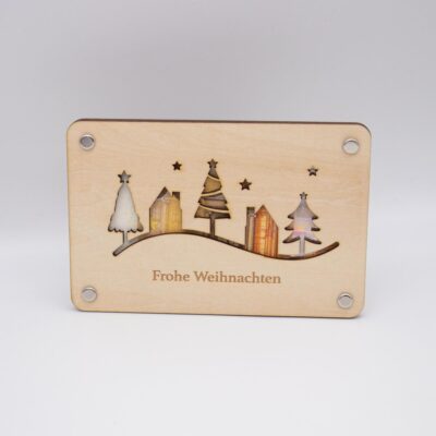Geldgeschenk Weihnachten aus Holz – Weihnachtskarte mit Winterlandschaft – Holzkarte „Frohe Weihnachten“ Geldgeschenk Idee
