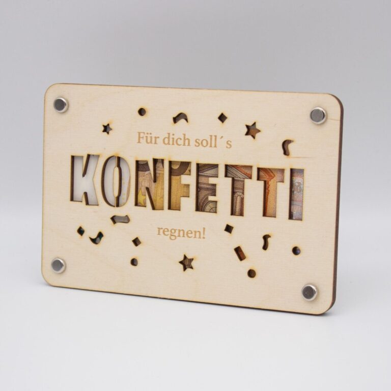 Geldgeschenkkarte aus Birkenholz – Für dich solls Konfetti regnen