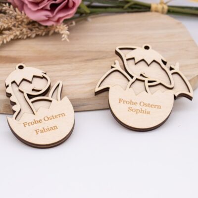 Holzanhänger für Kinder zu Ostern ( Dino ) - personalisiert