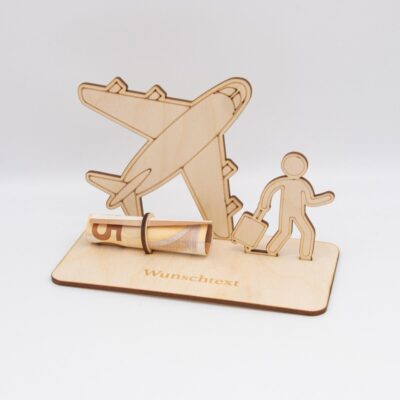 Geldgeschenk Flugzeug mit Urlauber- aus Holz personalisiert