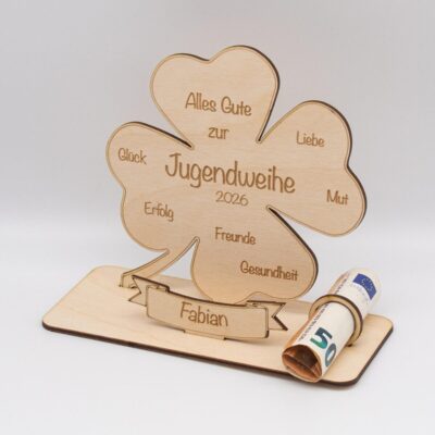 Geldgeschenk Glücksklee/Jugendweihe 2026- aus Holz personalisiert