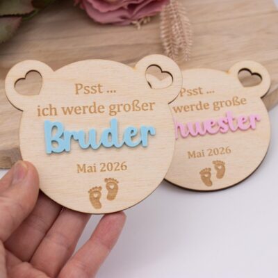 Schwangerschaftsankündigung aus Holz - Ich werde große Schwester/Bruder - Teddy